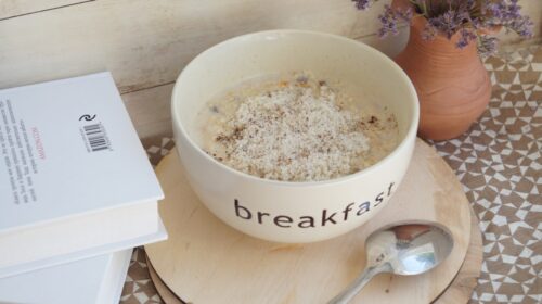 round white ceramic bowl with breakfast print
