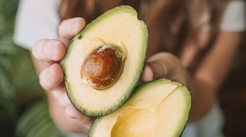 sliced avocado fruit on persons hand
